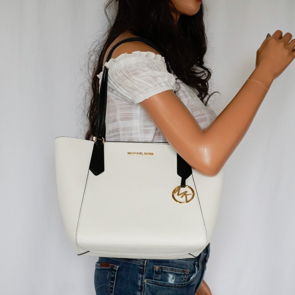 Michael Kors Kimberly Small Bonded Tote Leather Bag White Back - Picture 1 of 10